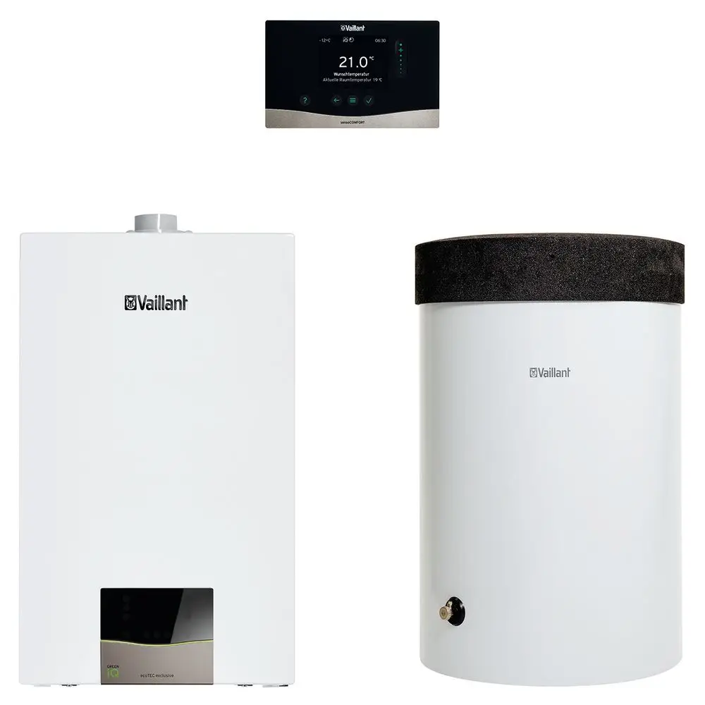 Weiße Vaillant-Heizungsanlage mit Wandthermostat und einem Speicher. Bestehend aus einem Wärmeerzeuger und einem Wasserbehälter.